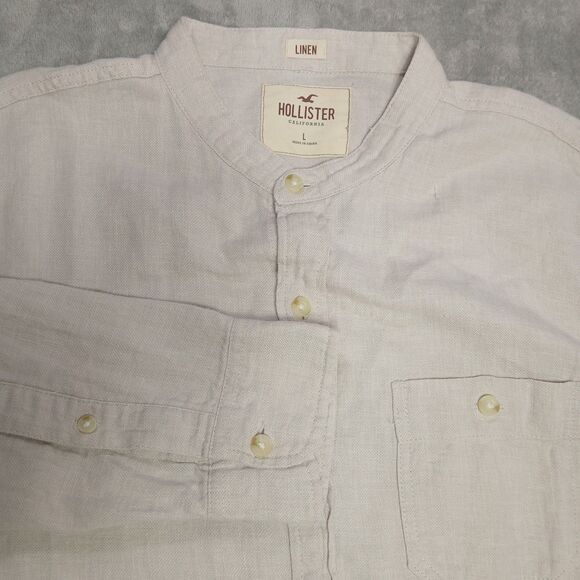 Hollister Mens L Beige Linen Button Up Shirt Summer Casual Long Sleeve Preppy - Picture 2 of 7